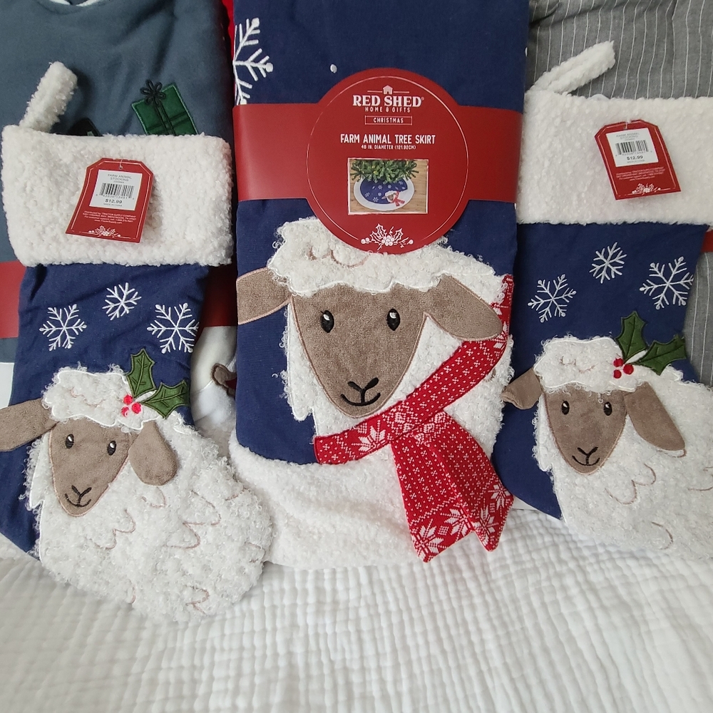NWT Red Shed Tree Skirt & 2 Stockings
